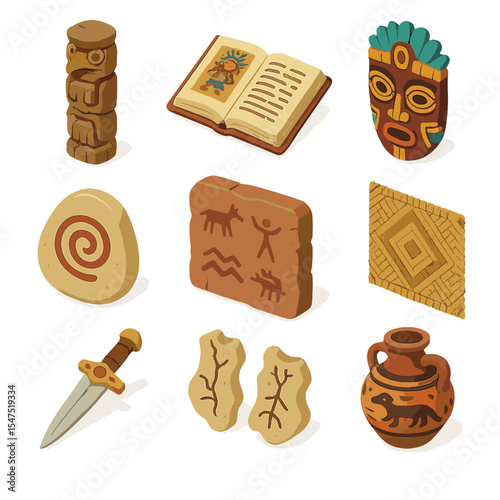 Isometric Storytelling Artifacts. Isometric Flat icon set of storytelling artifacts: carved totem, ancient codex, ceremonial mask,