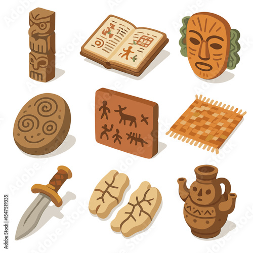 Isometric Storytelling Artifacts. Isometric Flat icon set of storytelling artifacts: carved totem, ancient codex, ceremonial mask,