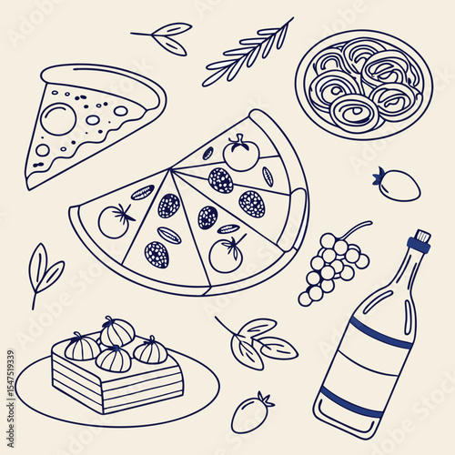 Flatlay Illustration Dark Blue Line Art Italian Food Pizza Pasta Cake Grapes Wine Bottle