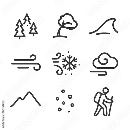 Stormy Mountain Icon Set. Outline icon set of stormy mountain slope: pine cluster, bent tree, snow drift, wind lines, swirling
