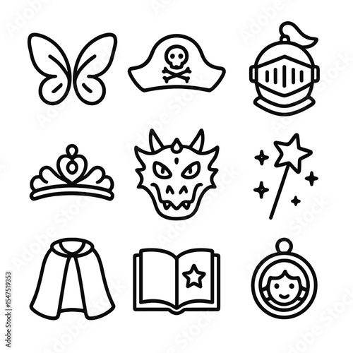 Story Play Icon Set. Outline icon set of costume story play: fairy wings, pirate hat, knight helmet, princess tiara, dragon mask,