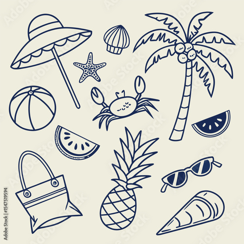 Flat Lay Summer Vacation Theme Dark Blue Line Art Beach Ball Pineapple Watermelon Sunglasses Crab Starfish Palm Tree