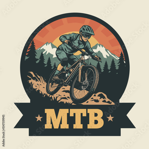Mountain biker descending on a rocky trail with pine forest and snowy peaks at sunset, in a vintage badge style with banner.