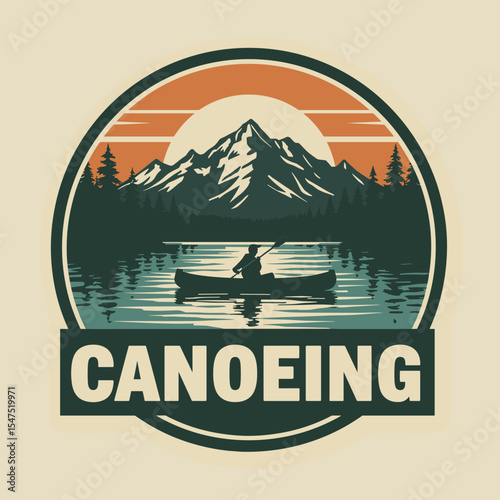 Vintage canoeing badge with person paddling on a mountain lake at sunset, with reflection and pine trees in a flat vector design.