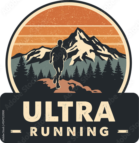 Silhouette of a trail runner on a rocky path with snow-capped mountains and pine trees at sunset, in a vintage badge vector design