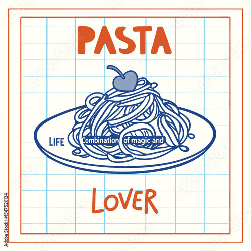 A graphic design featuring a large pile of spaghetti on a plate topped with a single cherry a blue plate and a light