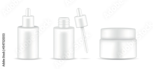 3D mockups of white serum dropper bottles and cream jar for cosmetic packaging design