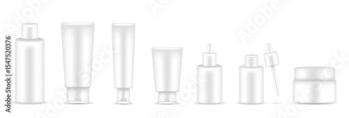 Set of 3D mockups of white cosmetic containers: toner bottle, cream tubes, dropper serum, cream jar