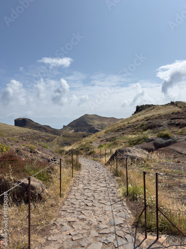 Mountain trail for hiking trip to Pico do Arieiro, Madeira Island, Portugal. Travel concept