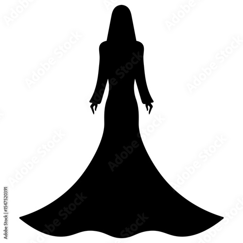 Young woman in long evening dress. Back view. Silhouette. Vector illustration. Tall lady with long hair. Isolated white background. Idea for web design.