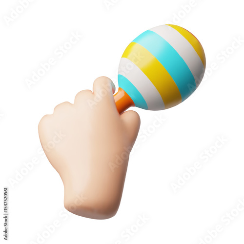 3D vector illustration of a hand holding a wooden maracas in yellow and blue stripes.