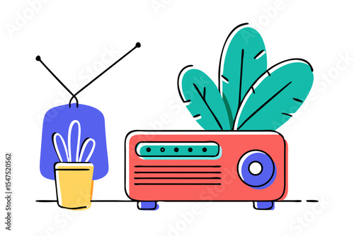 Retro Wooden Radio Between Potted Plants, Cozy Nostalgic Scene, Soft Sunlight, Generative AI