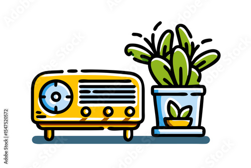 Retro Wooden Radio Between Potted Plants, Cozy Nostalgic Scene, Soft Sunlight, Generative AI
