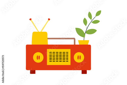Retro Wooden Radio Between Potted Plants, Cozy Nostalgic Scene, Soft Sunlight, Generative AI