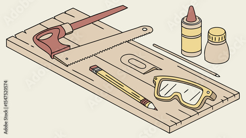 Woodworking and DIY tools background. Handsaw, pencil, safety glasses, glue on wooden board. Carpentry craft hobby.