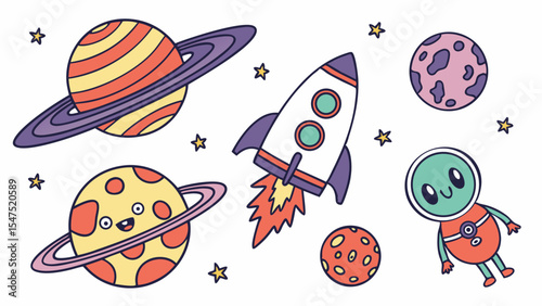 Cute cartoon outer space illustration with rocket planets stars and friendly alien character for kids