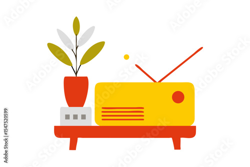 Retro Wooden Radio Between Potted Plants, Cozy Nostalgic Scene, Soft Sunlight, Generative AI