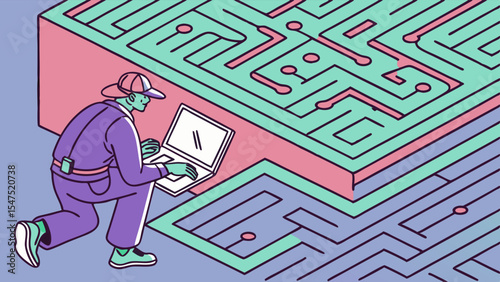 Man on laptop navigating digital maze illustration technology problem solving data network strategy IT complexity