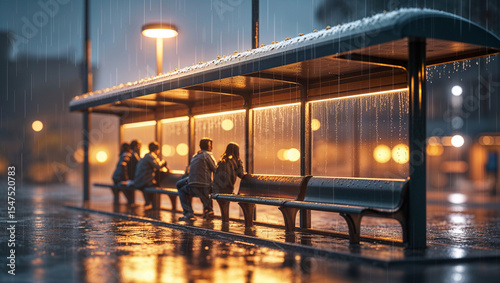 People waiting at a bus stop during a heavy rainstorm with wet pavement and illuminated lights creating a moody atmosphere