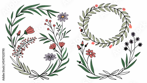 Hand drawn floral wreath and flower frames botanical illustration design elements for wedding invitations and greeting cards