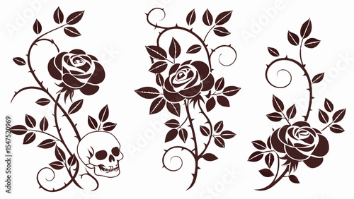 Gothic Dark Rose and Skull Vector Illustration with Thorns Design Element Tattoo Art
