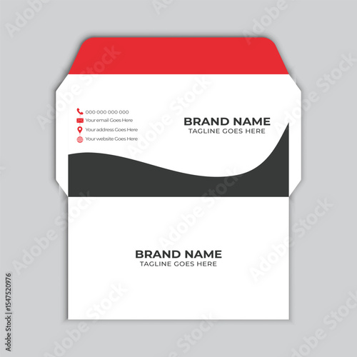 Professional envelope design with red top and branding elements for company communication