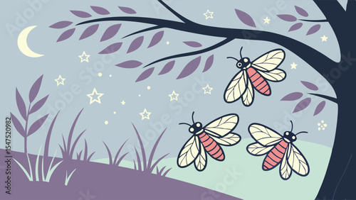 Peaceful summer night illustration with fireflies flying near a tree branch under the moon and stars