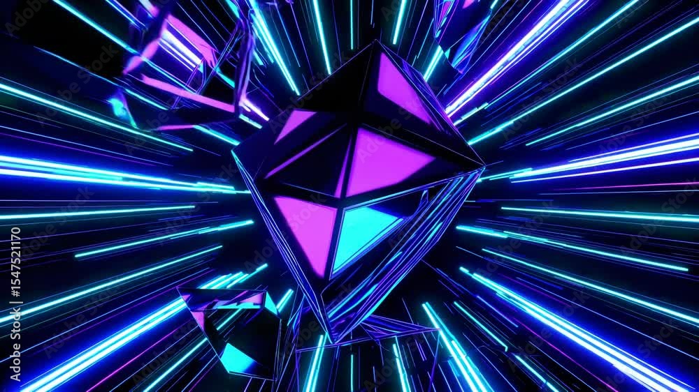 Colorful geometric shapes burst through a vibrant tunnel of light with a neon glow at night