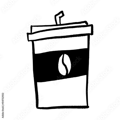 Hand-Drawn Doodle Takeaway Coffee Cup Vector. Simple sketch-style illustration of a disposable cup with a lid, straw, and coffee bean logo for cafes, beverages, and on-the-go drinks.