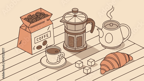 Morning coffee and breakfast isometric line art illustration with moka pot teapot cup and croissant