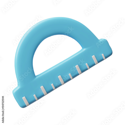 Protractor ruler 3D plastic style vector icon, blue stationery instrument tool semicircle shape for measuring angles