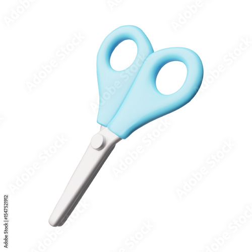3D scissors. Vector illustration of plastic closed scissors with blue handle and rounded ends.