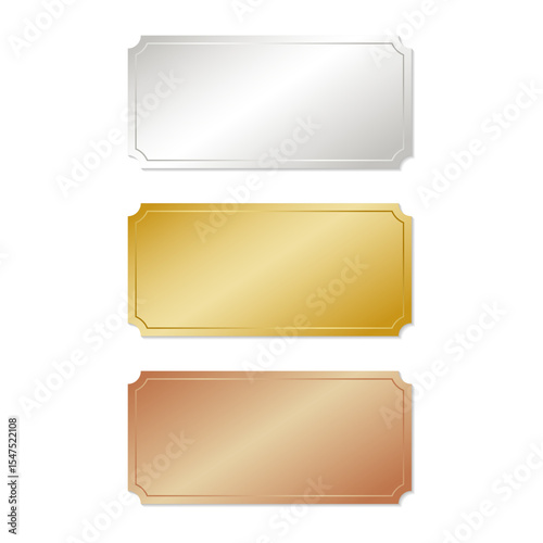 Gold, silver and bronze empty rectangular frames on a white background. Vector illustration