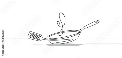 Single Line Drawing of Frying Pan and Spatula