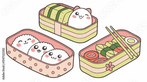 Three Cute Kawaii Bento Boxes Japanese Food Onigiri Rice Balls Packed Lunch Still Life Illustration