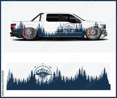 Red and black camouflage design on a pickup truck and sports car