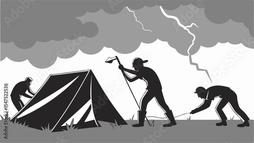 Camping in a severe thunderstorm dramatic lightning strike people setting up tent teamwork struggle bad weather adventure