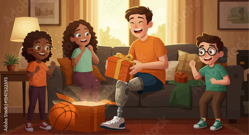 Happy family celebrating Christmas with gifts on the couch at home  