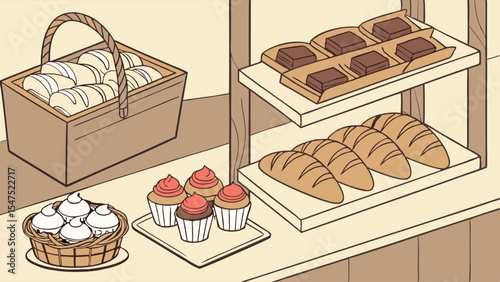 Vintage bakery display counter with fresh bread, pastries, cupcakes, and brownies. Delicious sweet baked goods on shelves.