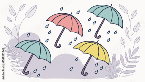 Abstract illustration background of colorful umbrellas and falling rain drops