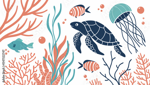 Cute cartoon underwater marine life illustration with sea turtle jellyfish fish coral seaweed Ocean nature background