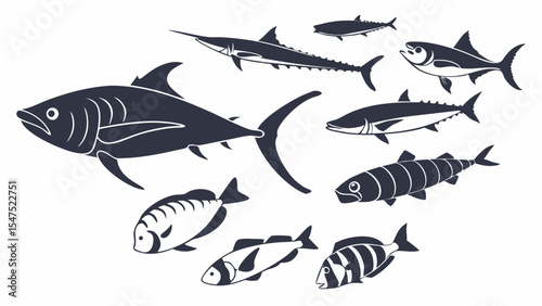 Set of Different Fish Silhouettes Marine Life Icons Vector Graphic Illustration Collection