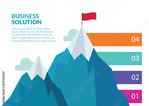 Stock illustration Infographic Mountain Peak with waving flag. Some steps are visible. stock illustration
