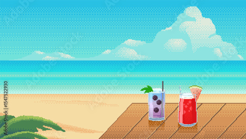 Pixel art tropical beach scene with blackberry and watermelon cocktails on a wooden deck. Tropical leaves with a bright ocean view and summer atmosphere. Vector illustration.