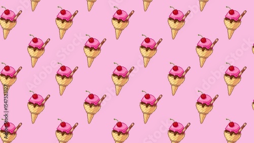 Looping animated pixel art pattern of swaying ice cream cones with cherries and wafers. Playful dessert motion design for digital summer themes and creative backgrounds.