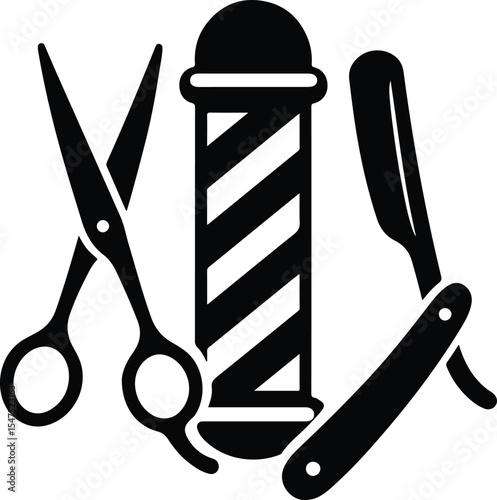 Barber Tools and Symbols Including Scissors, Razor, and Barber Pole