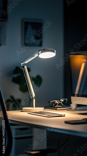 Modern desk lamp illuminates workspace at night