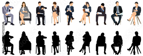 Silhouettes of business people sitting, men and women sit on armchair, office chair, front, side view. Vector illustration black on transparent background. Icons set, bundle.