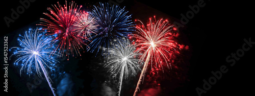 Independence Day 4th of July USA - Red blue white firework banner, silvester new year's eve, new year fireworks isolated on black night sky texture