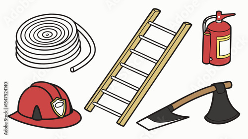 Collection of firefighter equipment and tools isolated on white background helmet hose ladder axe extinguisher safety rescue